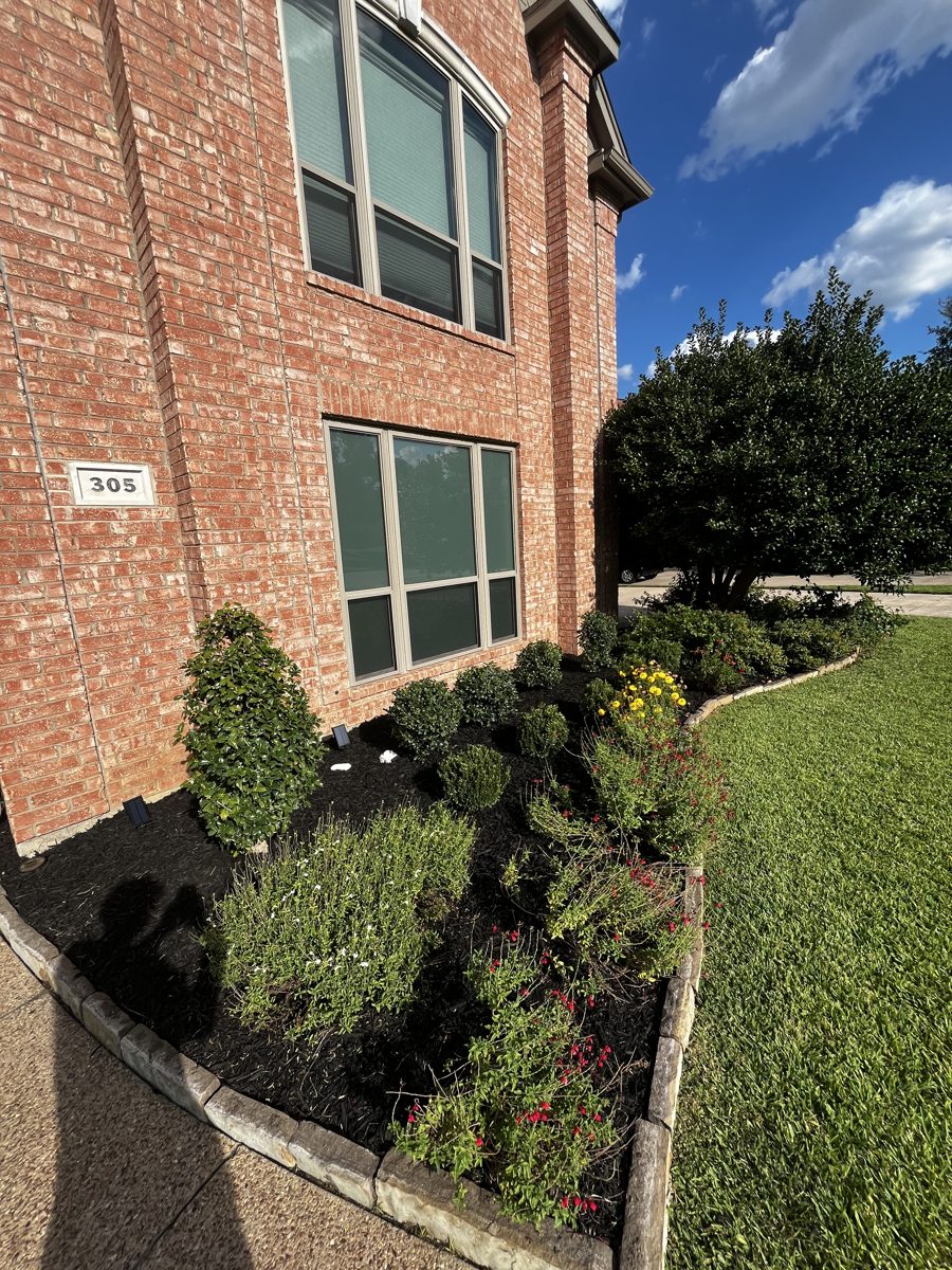 Front yard flower bed with fresh mulch and ornamental plantings on a brick home